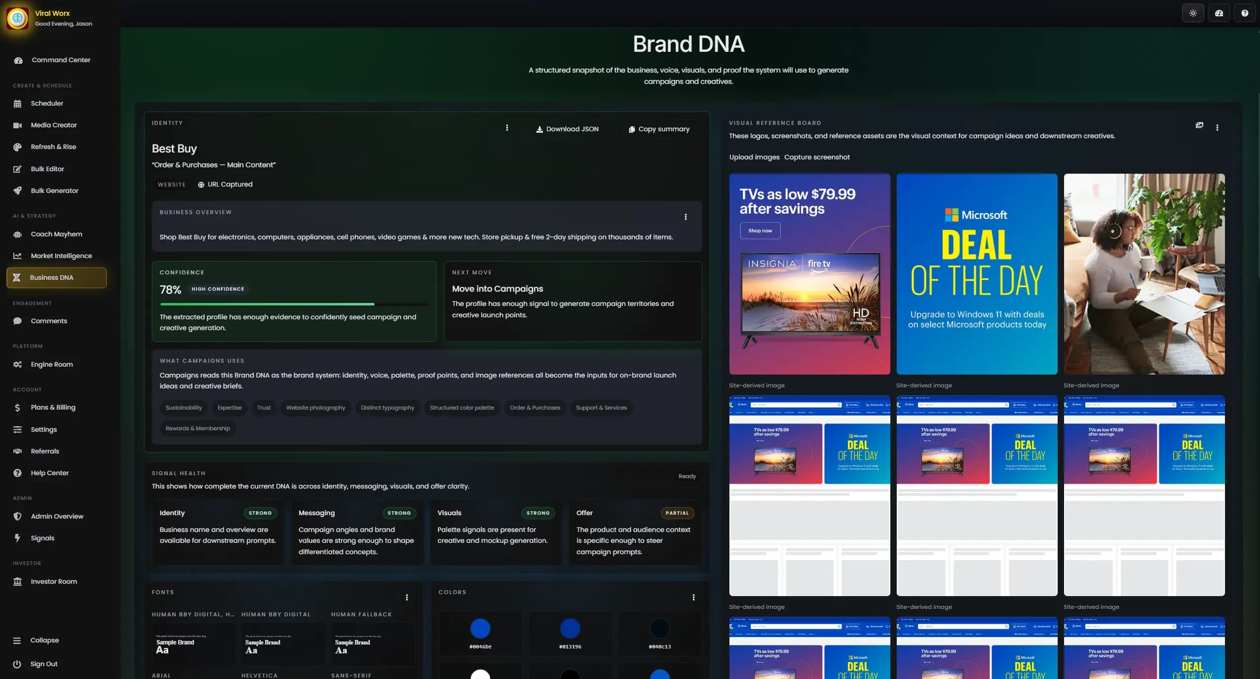 Viral Worx brand memory workspace showing voice, visual references, proof points, and campaign inputs